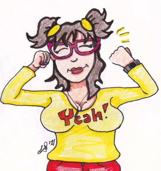 Motivated Drawing of Lauren Spear wearing a yellow shirt that says "Yeah!" She's flexing her biceps and looks pleased with herself/triumphant