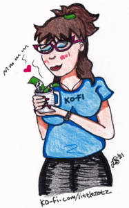 Illustration of Lauren Spear wearing a Ko-Fi t-shirt (pronounced "coffee"), sniffing a coffee cup filled with cash (like a tip jar!). Click the image to be taking to Lauren's Ko-Fi page.