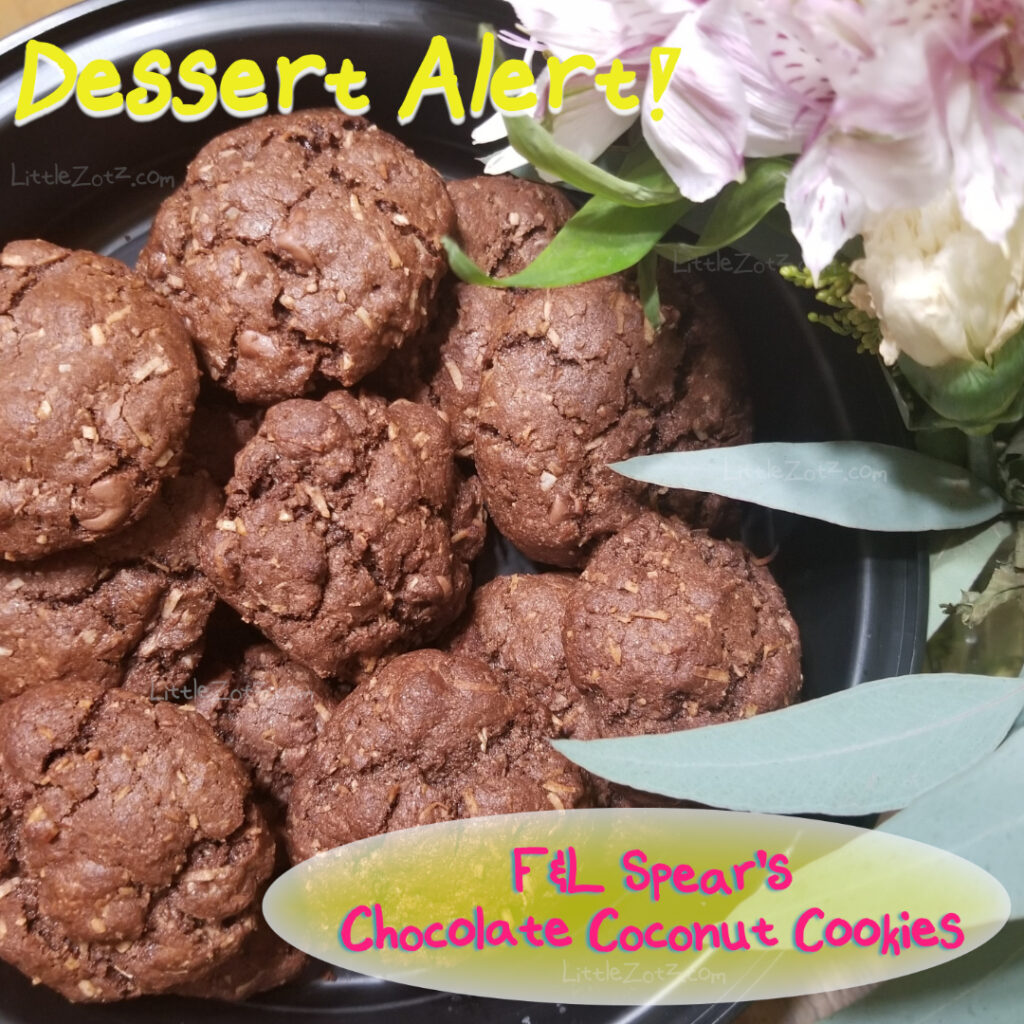 a platter full of pleasingly brown cookies! they're a rich dark brown, clearly very chocolatey, and have visible strips of coconut throughout. next to the platter is a pretty flower (some sort of iris, maybe? it's kinda pinkish and fluffy-looking) that's there just for decoration. there's also some handwritten text that says "DESSERT ALERT! F&L Spear's Chocolate Coconut Cookies" in pink and yellow letters