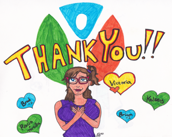 Thanking New Choice Health Drawing of Lauren Spear looking gratefully up at the New Choice Health logo with the words "THANK YOU!" There are also hearts floating around her with the names of the New Choice Health staff members she interacted with while ill.