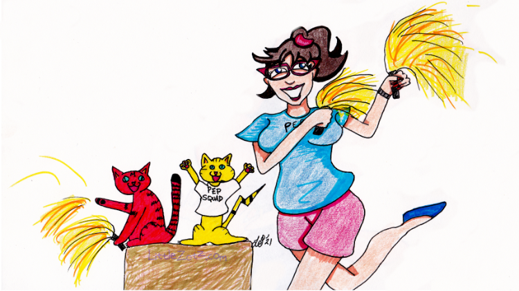 An illustration of Lauren Spear shaking pom-poms. Her cats, Flex (pink) and Tina (yellow) are next to her, also cheering you on. Tina has a lil t-shirt that says Pep Squad and Flex has a slightly mangled pom-pom (she's torn it apart with her claws but seems enthusiastic!)