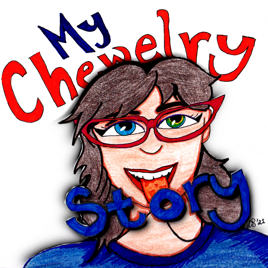 a self-portrait illustration of Lauren Spear drawn with a pen, colored markers, and crayons. It shows a 36-year-old female with dark brown hair and blue-ish eyes wearing hot pink cat-eye glasses smiling while chewing on an orange dog tag-shaped pumpkin pendant/necklace/chewelry. the words "My Chewelry Story" are written over the image.