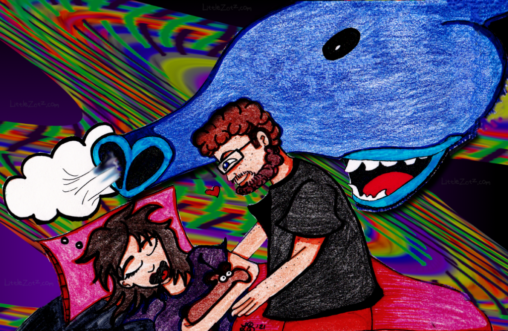 Colorful drawing of a blue tapir-looking creature with a heart-shaped snout sucking a little thought bubble/dream from a sleeping woman. The woman is brunette and has her mouth open (snoring + drooling) and her eyes closed, cuddling a brown mountain tapir stuffed animal. Her husband is tucking her in with a pink blanket and is looking at her with love and amusement, a little cartoon love heart floating out from him as he secures her for sleep. He has brown curly head hair and red curly beard hair and freckles and is pleasantly plump.